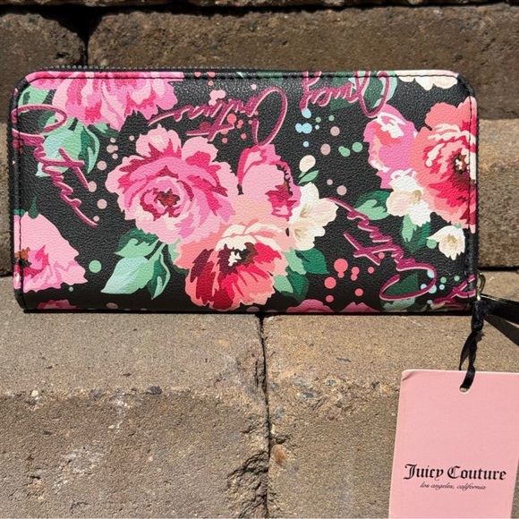 NWT! Juicy Couture Floral Wallet Black and Pink Bow - Picture 2 of 5